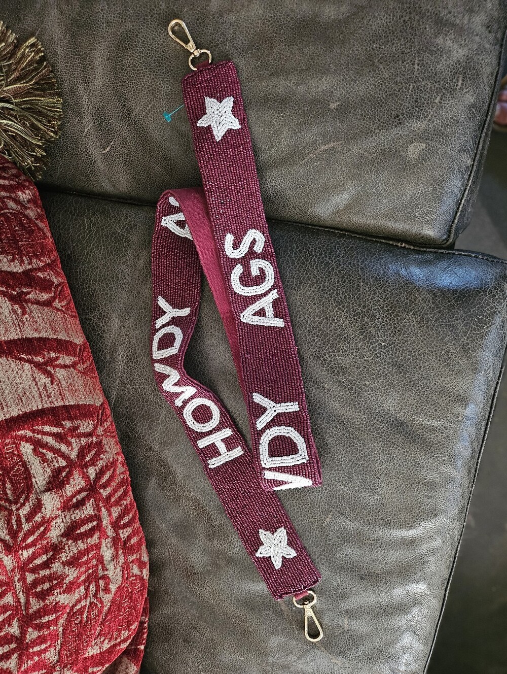 HOWDY AGS Maroon & White Beaded Purse Strap 44" X 2" Texas A&M College